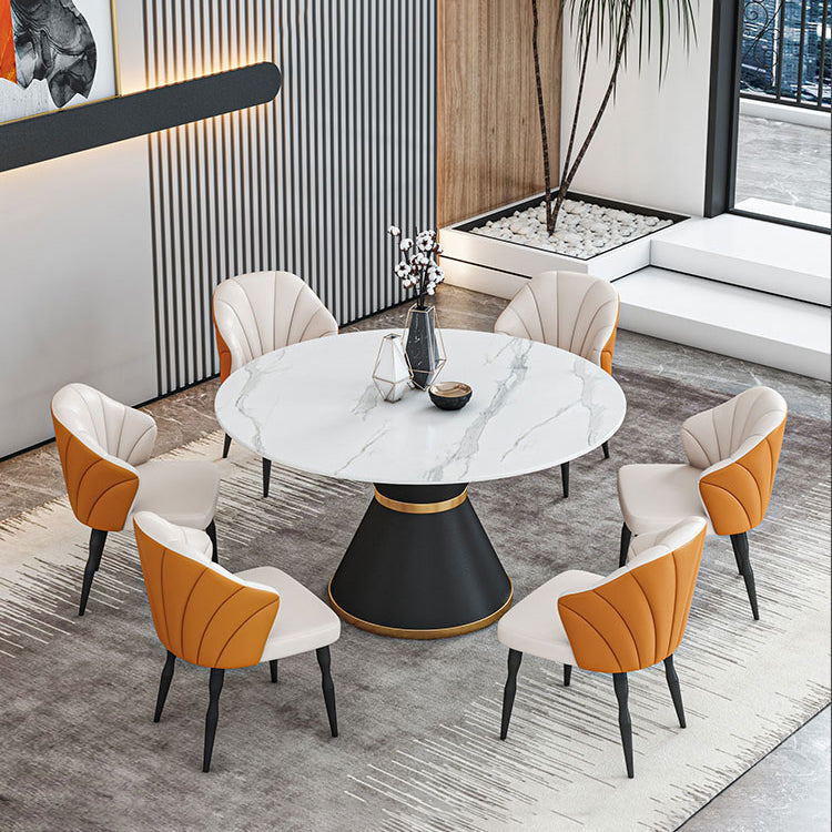 1/2/7/9 Pcs Metal Contemporary Dining Room Set with Round Table Dinette Set 7 Pieces: White Table, 6 Orange Chairs Clearhalo 'Dining Room Sets' 'Dining Tables & Seating' 'dining_room_set' 'furn' 'furn_dining_room_set' 'Furniture' 'furniture_dining_room_set' 'Kitchen & Dining Furniture' 'kitchen&dining_furn' 'kitchen' 4458751