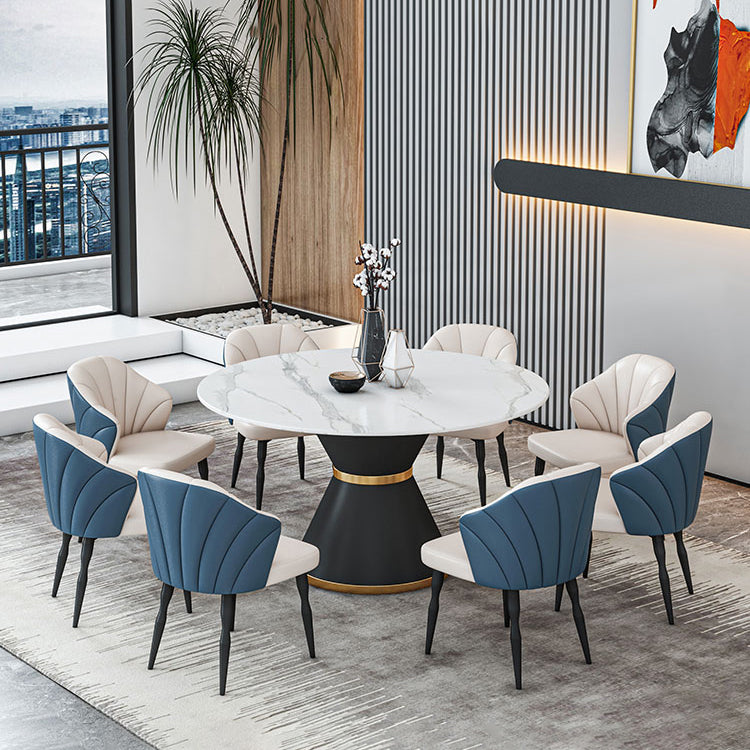 1/2/7/9 Pcs Metal Contemporary Dining Room Set with Round Table Dinette Set 9 Pieces: White Table, 8 Blue Chairs Clearhalo 'Dining Room Sets' 'Dining Tables & Seating' 'dining_room_set' 'furn' 'furn_dining_room_set' 'Furniture' 'furniture_dining_room_set' 'Kitchen & Dining Furniture' 'kitchen&dining_furn' 'kitchen' 4458762