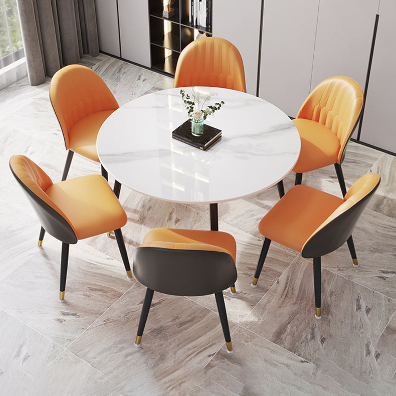 1/4/7 Pcs Metal Modern Dining Room Set with Round Table Dining Set 7 Pieces: White Table, 6 Orange Chairs Clearhalo 'Dining Room Sets' 'Dining Tables & Seating' 'dining_room_set' 'furn' 'furn_dining_room_set' 'Furniture' 'furniture_dining_room_set' 'Kitchen & Dining Furniture' 'kitchen&dining_furn' 'kitchen' 4458810