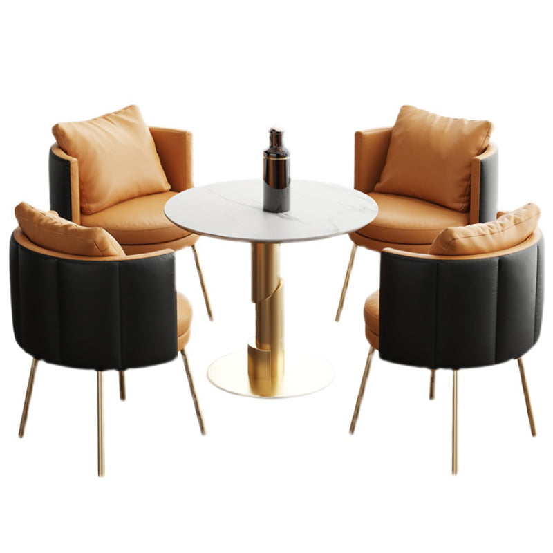 Glam 1/3/4/5 Pieces Dining Set White Sintered Stone Dining Table 5 Pieces: Table, 4 Orange Chairs Clearhalo 'Dining Room Sets' 'Dining Tables & Seating' 'dining_room_set' 'furn' 'furn_dining_room_set' 'Furniture' 'furniture_dining_room_set' 'Kitchen & Dining Furniture' 'kitchen&dining_furn' 'kitchen' 4458866