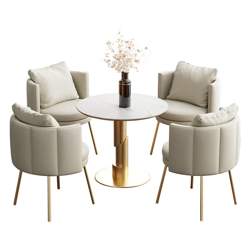 Glam 1/3/4/5 Pieces Dining Set White Sintered Stone Dining Table 5 Pieces: Table, 4 Light Gray Chairs Clearhalo 'Dining Room Sets' 'Dining Tables & Seating' 'dining_room_set' 'furn' 'furn_dining_room_set' 'Furniture' 'furniture_dining_room_set' 'Kitchen & Dining Furniture' 'kitchen&dining_furn' 'kitchen' 4458867