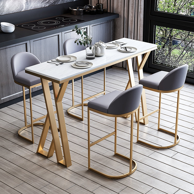 Glam Marble Counter Table with Rectangle Table Top Gold Double Pedestal Table - 42" H Clearhalo 'Bar Furniture' 'Bar Tables' 'bar_tables' 'furn' 'furn_bar_tables' 'Furniture' 'furniture_bar_tables' 'Kitchen & Dining Furniture' 4463297