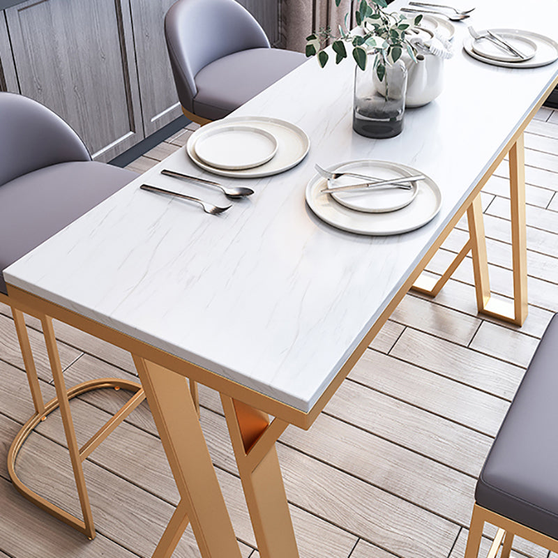 Glam Marble Counter Table with Rectangle Table Top Gold Double Pedestal Table - 42" H Clearhalo 'Bar Furniture' 'Bar Tables' 'bar_tables' 'furn' 'furn_bar_tables' 'Furniture' 'furniture_bar_tables' 'Kitchen & Dining Furniture' 4463303