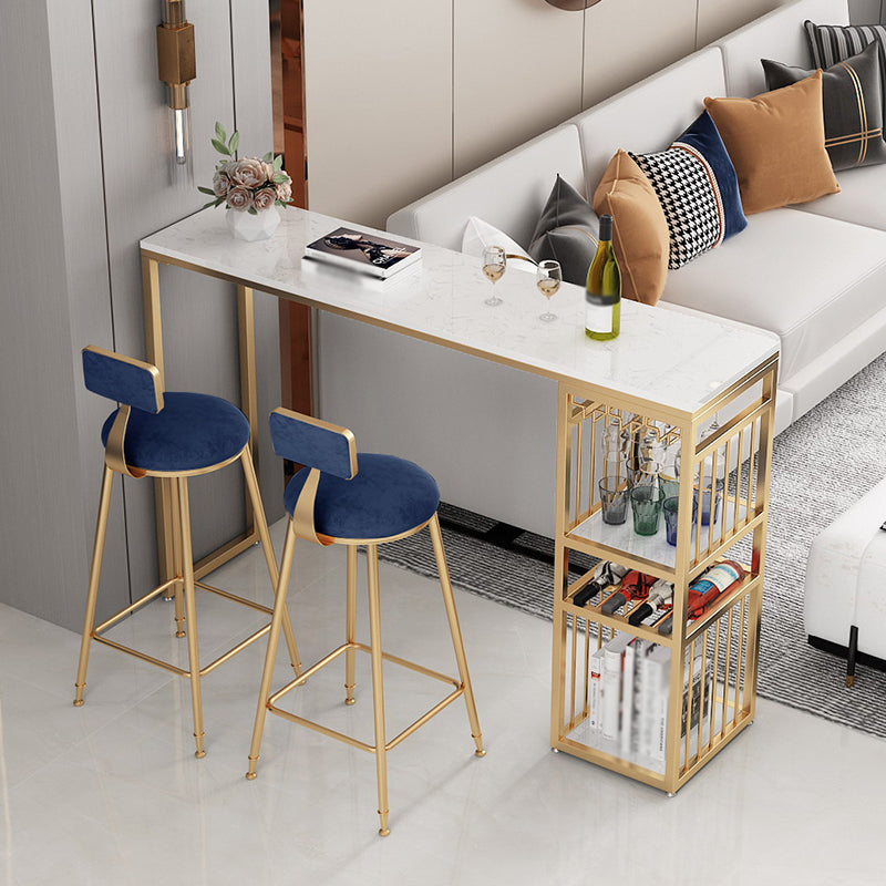 Glam White Marble Bar Table with Rectangle Table Top Gold Sled Table - 42" H 78.7"L x 15.7"W x 41.3"H White-Gold Without Chairs Clearhalo 'Bar Furniture' 'Bar Tables' 'bar_tables' 'furn' 'furn_bar_tables' 'Furniture' 'furniture_bar_tables' 'Kitchen & Dining Furniture' 4463358