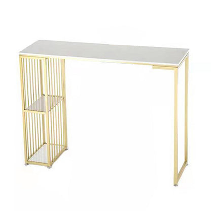 Modern White Marble Table with Rectangle Table Top Sled Table - 42" H White-Gold Without Chairs Clearhalo 'Bar Furniture' 'Bar Tables' 'bar_tables' 'furn' 'furn_bar_tables' 'Furniture' 'furniture_bar_tables' 'Kitchen & Dining Furniture' 4463449