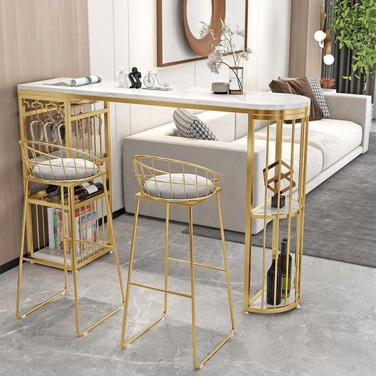 Glam White Marble Bar Table with Specialty Table Top Double Pedestal Table - 42" H 55.1"L x 15.7"W x 41.3"H White-Gold Without Chairs Clearhalo 'Bar Furniture' 'Bar Tables' 'bar_tables' 'furn' 'furn_bar_tables' 'Furniture' 'furniture_bar_tables' 'Kitchen & Dining Furniture' 4463586
