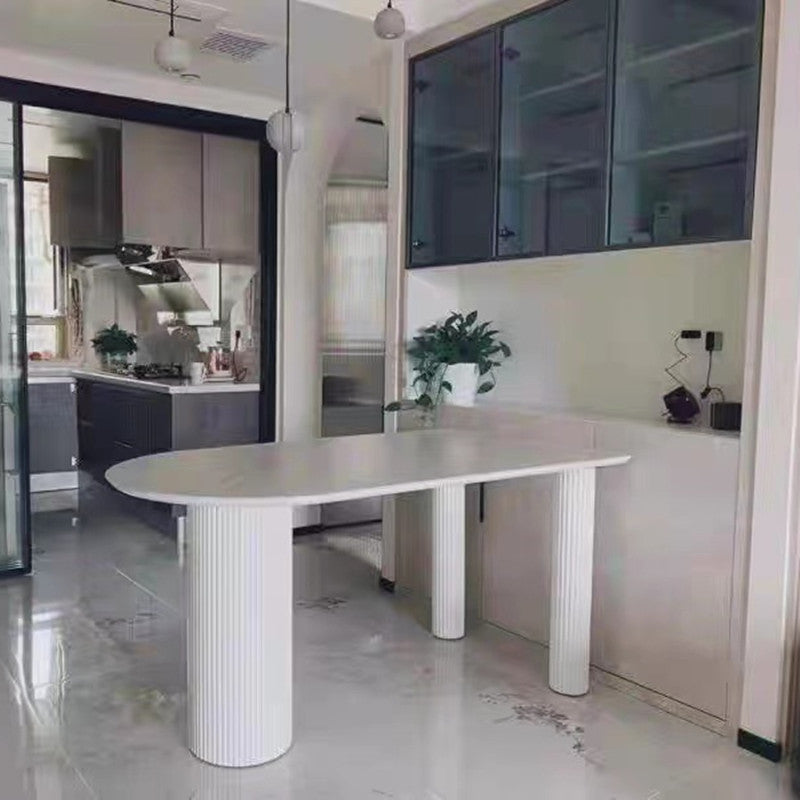 Oval Shape 3 Legs Modern Dining Table White Tone Fixed Table for Dining Room Wood White Clearhalo ' dining_table' 'Dining Tables & Seating' 'Dining Tables' 'furn' 'furn_dining_table' 'Furniture' 'furniture_dining_table' 'Kitchen & Dining Furniture' 'kitchen&dining_furn' 'kitchen' 'kitchen_dining_table' 4467543