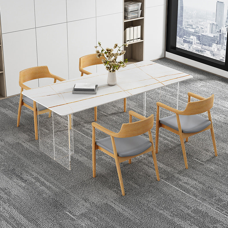 Modern Dining Table Rectangle Stone Top Table with Sled Base White 55.1"L x 31.5"W x 29.5"H Without Chairs Clearhalo ' dining_table' 'Dining Tables & Seating' 'Dining Tables' 'furn' 'furn_dining_table' 'Furniture' 'furniture_dining_table' 'Kitchen & Dining Furniture' 'kitchen&dining_furn' 'kitchen' 'kitchen_dining_table' 4467746