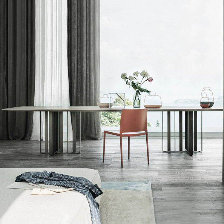 Industrial Rectangle Home Furniture Stone Double Pedestal Dining Table for Home Black White 70.9"L x 35.4"W x 29.5"H Without Chairs Clearhalo ' dining_table' 'Dining Tables & Seating' 'Dining Tables' 'furn' 'furn_dining_table' 'Furniture' 'furniture_dining_table' 'Kitchen & Dining Furniture' 'kitchen&dining_furn' 'kitchen' 'kitchen_dining_table' 4467778