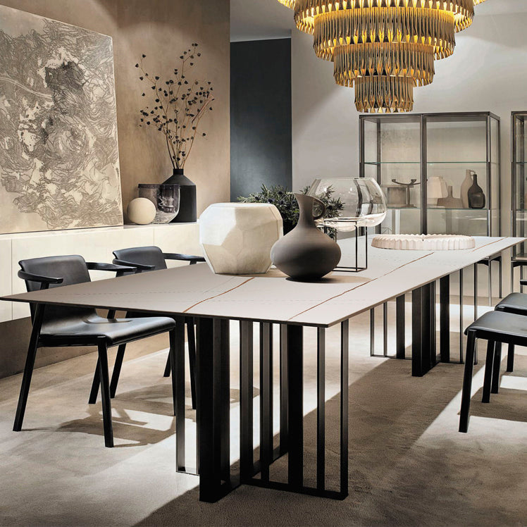 Industrial Rectangle Home Furniture Stone Double Pedestal Dining Table for Home White-Gold Without Chairs Clearhalo ' dining_table' 'Dining Tables & Seating' 'Dining Tables' 'furn' 'furn_dining_table' 'Furniture' 'furniture_dining_table' 'Kitchen & Dining Furniture' 'kitchen&dining_furn' 'kitchen' 'kitchen_dining_table' 4467780