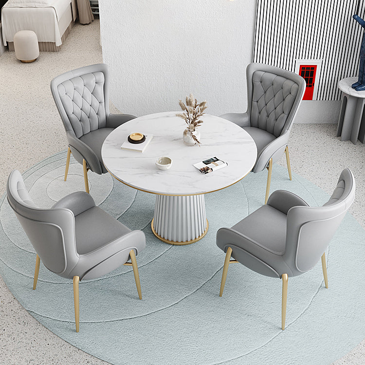 1/5 Pcs Metal Contemporary Dining Room Set with Round Indoor Table Dinette Set 5 Pieces: White Table, 4 Grey Chairs Clearhalo 'Dining Room Sets' 'Dining Tables & Seating' 'dining_room_set' 'furn' 'furn_dining_room_set' 'Furniture' 'furniture_dining_room_set' 'Kitchen & Dining Furniture' 'kitchen&dining_furn' 'kitchen' 4468941