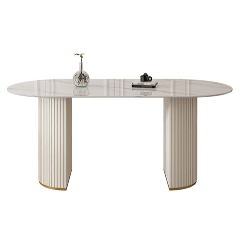 Sintered Stone Table for Restaurant Modern White Table with Double Pedestal Base Oval Without Chairs Clearhalo ' dining_table' 'Dining Tables & Seating' 'Dining Tables' 'furn' 'furn_dining_table' 'Furniture' 'furniture_dining_table' 'Kitchen & Dining Furniture' 'kitchen&dining_furn' 'kitchen' 'kitchen_dining_table' 4480127