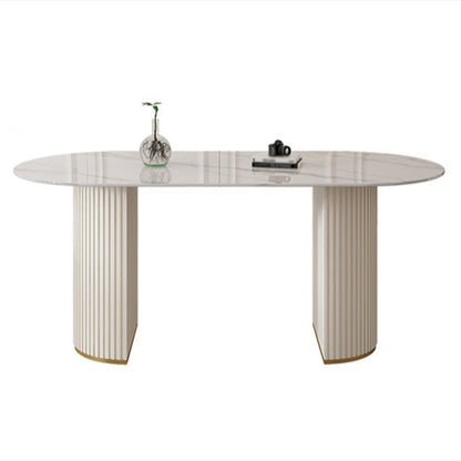 Sintered Stone Table for Restaurant Modern White Table with Double Pedestal Base Oval Without Chairs Clearhalo ' dining_table' 'Dining Tables & Seating' 'Dining Tables' 'furn' 'furn_dining_table' 'Furniture' 'furniture_dining_table' 'Kitchen & Dining Furniture' 'kitchen&dining_furn' 'kitchen' 'kitchen_dining_table' 4480127