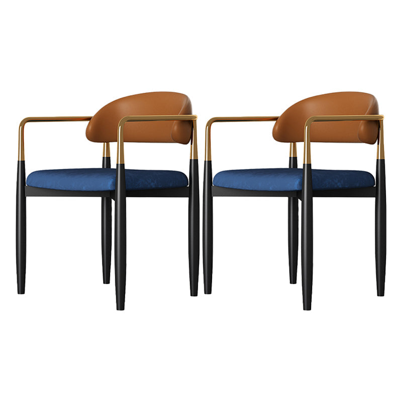 Contemporary Style Kitchen Metal Dining Chairs Open Back Dining Arm Side Chairs Blue-Brown 2 Piece Set Clearhalo ' kitchen&dining_furn' 'Dining Chairs' 'Dining Tables & Seating' 'dining_chair' 'furn' 'furn_dining_chair' 'Furniture' 'furniture_dining_chair' 'Kitchen & Dining Furniture' 'kitchen' 4480875