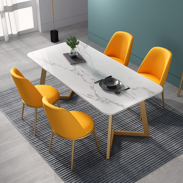 Nordic 1/4/5 Pieces Dining Set Sintered Stone Dining Table with Leather Chairs 5 Pieces: Table, 4 Orange Chairs Clearhalo 'Dining Room Sets' 'Dining Tables & Seating' 'dining_room_set' 'furn' 'furn_dining_room_set' 'Furniture' 'furniture_dining_room_set' 'Kitchen & Dining Furniture' 'kitchen&dining_furn' 'kitchen' 4481567