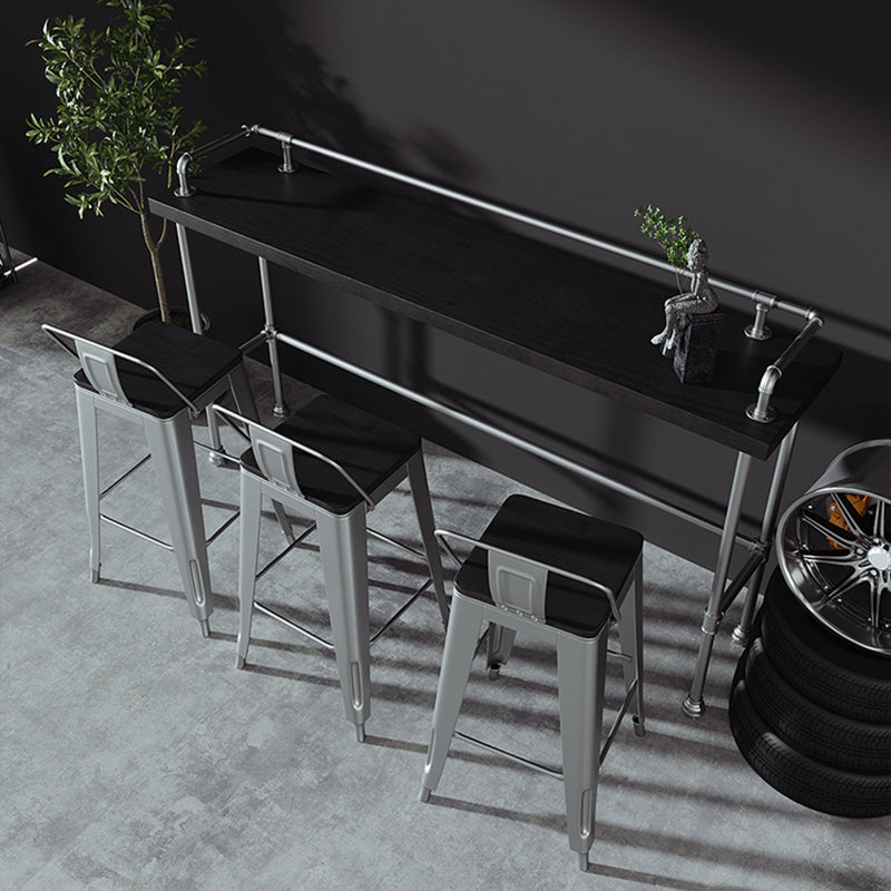 Industrial Black Wood Bar Table with Rectangle Table Top Silver Trestle Table - 42" H 70.9"L x 17.7"W x 41.3"H Without Chairs Clearhalo 'Bar Furniture' 'Bar Tables' 'bar_tables' 'furn' 'furn_bar_tables' 'Furniture' 'furniture_bar_tables' 'Kitchen & Dining Furniture' 4482682
