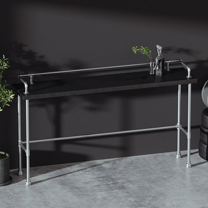Industrial Black Wood Bar Table with Rectangle Table Top Silver Trestle Table - 42" H 59.1"L x 17.7"W x 41.3"H Without Chairs Clearhalo 'Bar Furniture' 'Bar Tables' 'bar_tables' 'furn' 'furn_bar_tables' 'Furniture' 'furniture_bar_tables' 'Kitchen & Dining Furniture' 4482683