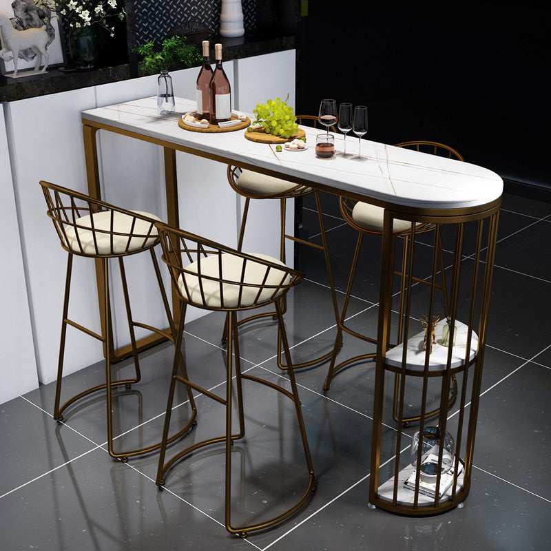 Modern White Marble Bar Table with Specialty Table Top Black Double Pedestal Table - 42" H White-Gold Without Chairs Clearhalo 'Bar Furniture' 'Bar Tables' 'bar_tables' 'furn' 'furn_bar_tables' 'Furniture' 'furniture_bar_tables' 'Kitchen & Dining Furniture' 4482764