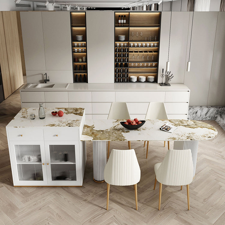 Sintered Stone Dining Table Traditional Luxury Dining Table with Double Pedestal Base White-Gold 55.1"L x 31.5"W x 29.5"H Without Chairs Clearhalo ' dining_table' 'Dining Tables & Seating' 'Dining Tables' 'furn' 'furn_dining_table' 'Furniture' 'furniture_dining_table' 'Kitchen & Dining Furniture' 'kitchen&dining_furn' 'kitchen' 'kitchen_dining_table' 4491207