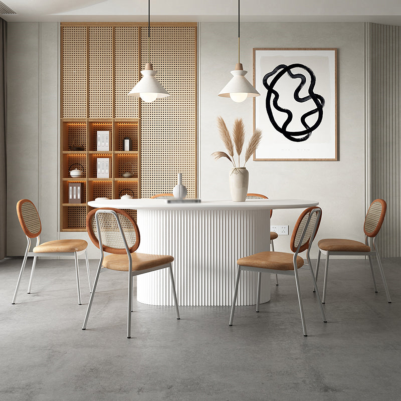 Oval Pedestal Base Dining Table Contemporary Dinette Table for Home Wood White 63"L x 27.6"W x 29.5"H Clearhalo ' dining_table' 'Dining Tables & Seating' 'Dining Tables' 'furn' 'furn_dining_table' 'Furniture' 'furniture_dining_table' 'Kitchen & Dining Furniture' 'kitchen&dining_furn' 'kitchen' 'kitchen_dining_table' 4491219