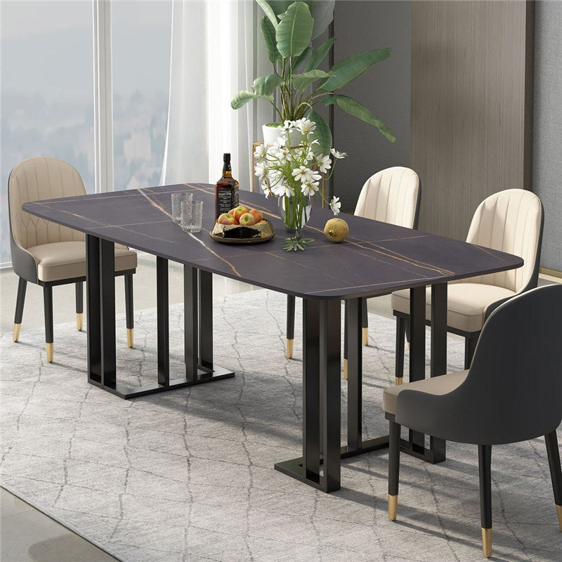 Rectangle Double Pedestal Luxury Table Sintered Stone Fixed Table for Kitchen Black 63"L x 31.5"W x 29.5"H Without Chairs Clearhalo ' dining_table' 'Dining Tables & Seating' 'Dining Tables' 'furn' 'furn_dining_table' 'Furniture' 'furniture_dining_table' 'Kitchen & Dining Furniture' 'kitchen&dining_furn' 'kitchen' 'kitchen_dining_table' 4491461