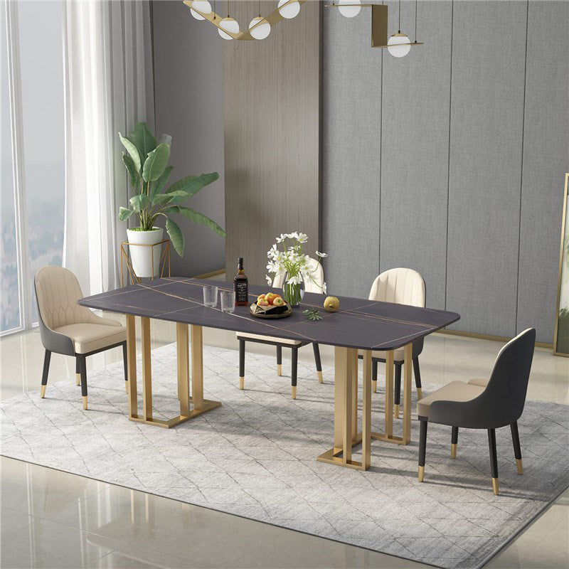 Rectangle Double Pedestal Luxury Table Sintered Stone Fixed Table for Kitchen Gold-Black Without Chairs Clearhalo ' dining_table' 'Dining Tables & Seating' 'Dining Tables' 'furn' 'furn_dining_table' 'Furniture' 'furniture_dining_table' 'Kitchen & Dining Furniture' 'kitchen&dining_furn' 'kitchen' 'kitchen_dining_table' 4491463