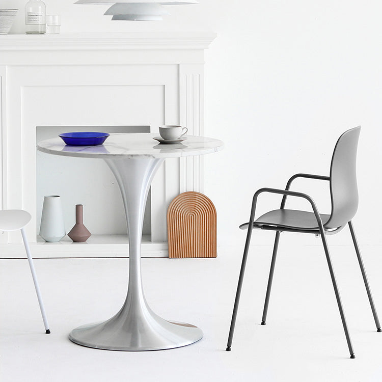 Metal Modern Round Dining Table Marble Top Indoor Table with Tulip Base White-Silver 23.6"L x 23.6"W x 29.5"H Without Chairs Clearhalo ' dining_table' 'Dining Tables & Seating' 'Dining Tables' 'furn' 'furn_dining_table' 'Furniture' 'furniture_dining_table' 'Kitchen & Dining Furniture' 'kitchen&dining_furn' 'kitchen' 'kitchen_dining_table' 4491474