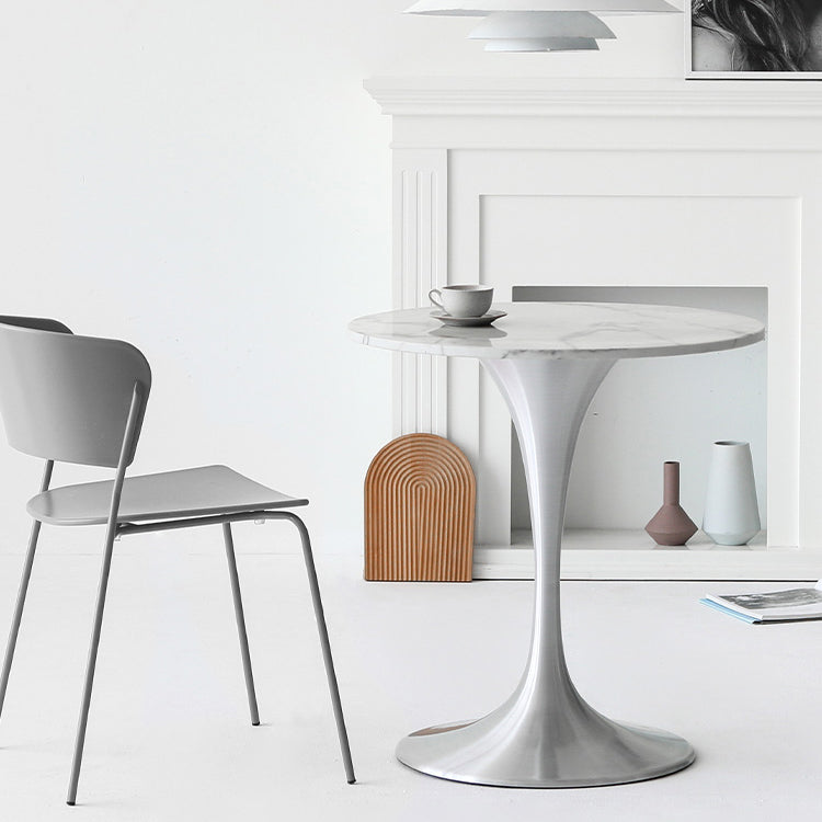 Metal Modern Round Dining Table Marble Top Indoor Table with Tulip Base White-Silver 27.6"L x 27.6"W x 29.5"H Without Chairs Clearhalo ' dining_table' 'Dining Tables & Seating' 'Dining Tables' 'furn' 'furn_dining_table' 'Furniture' 'furniture_dining_table' 'Kitchen & Dining Furniture' 'kitchen&dining_furn' 'kitchen' 'kitchen_dining_table' 4491476