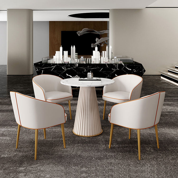 1/3/4/5 Pcs Metal Modern Dining Room Set with Round Table and Metal Base Dining Set 5 Pieces: White Table, 4 Orange Chairs Clearhalo 'Dining Room Sets' 'Dining Tables & Seating' 'dining_room_set' 'furn' 'furn_dining_room_set' 'Furniture' 'furniture_dining_room_set' 'Kitchen & Dining Furniture' 'kitchen&dining_furn' 'kitchen' 4492618