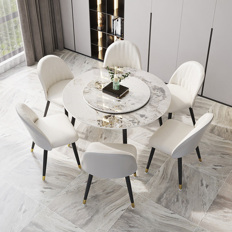 1/4/7 Pcs Metal Modern Dining Room Set with Round Table and Metal Base Dining Set 7 Pieces: White-Gold Table, 6 White Chairs Clearhalo 'Dining Room Sets' 'Dining Tables & Seating' 'dining_room_set' 'furn' 'furn_dining_room_set' 'Furniture' 'furniture_dining_room_set' 'Kitchen & Dining Furniture' 'kitchen&dining_furn' 'kitchen' 4492661
