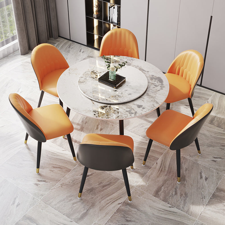 1/4/7 Pcs Metal Modern Dining Room Set with Round Table and Metal Base Dining Set 7 Pieces: White-Gold Table, 6 Orange Chairs Clearhalo 'Dining Room Sets' 'Dining Tables & Seating' 'dining_room_set' 'furn' 'furn_dining_room_set' 'Furniture' 'furniture_dining_room_set' 'Kitchen & Dining Furniture' 'kitchen&dining_furn' 'kitchen' 4492675