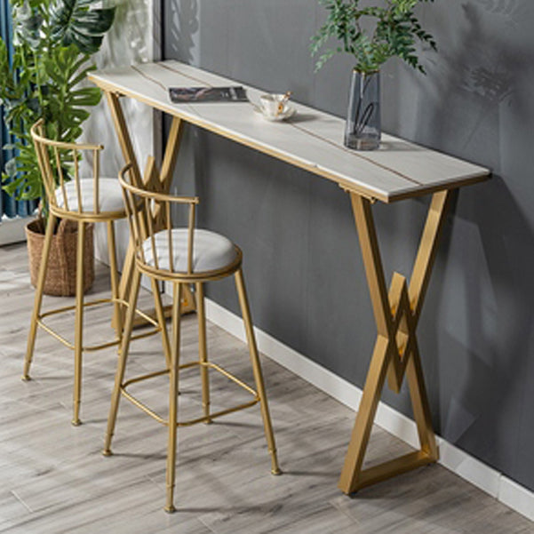 Glam Marble Bar Table with Rectangle Table Top Gold Double Pedestal Table - 42" H Marble Without Chairs Clearhalo 'Bar Furniture' 'Bar Tables' 'bar_tables' 'furn' 'furn_bar_tables' 'Furniture' 'furniture_bar_tables' 'Kitchen & Dining Furniture' 4493746