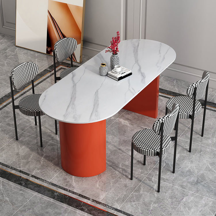 Oval Sintered Stone Dining Table Modern White Dining Table with Double Pedestal Base Red 55.1"L x 31.5"W x 29.5"H Without Chairs Clearhalo ' dining_table' 'Dining Tables & Seating' 'Dining Tables' 'furn' 'furn_dining_table' 'Furniture' 'furniture_dining_table' 'Kitchen & Dining Furniture' 'kitchen&dining_furn' 'kitchen' 'kitchen_dining_table' 4502012
