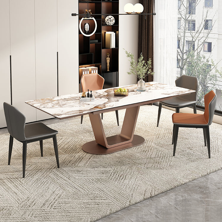 Contemporary 1/4/5/7 Pieces Dining Set Rectangle Dining Table with Pedestal Base 5 Pieces: Table, 4 Chairs Clearhalo 'Dining Room Sets' 'Dining Tables & Seating' 'dining_room_set' 'furn' 'furn_dining_room_set' 'Furniture' 'furniture_dining_room_set' 'Kitchen & Dining Furniture' 'kitchen&dining_furn' 'kitchen' 4502941