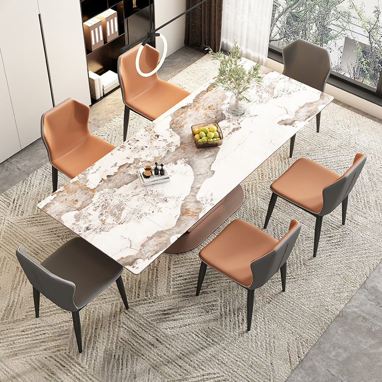 Contemporary 1/4/5/7 Pieces Dining Set Rectangle Dining Table with Pedestal Base 7 Pieces: Table, 4 Orange+2 Light Grey Chairs Clearhalo 'Dining Room Sets' 'Dining Tables & Seating' 'dining_room_set' 'furn' 'furn_dining_room_set' 'Furniture' 'furniture_dining_room_set' 'Kitchen & Dining Furniture' 'kitchen&dining_furn' 'kitchen' 4502944
