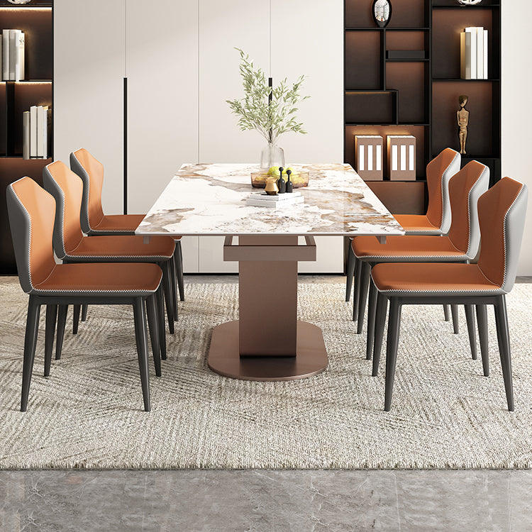 Contemporary 1/4/5/7 Pieces Dining Set Rectangle Dining Table with Pedestal Base 7 Pieces: Table, 6 Orange Chairs Clearhalo 'Dining Room Sets' 'Dining Tables & Seating' 'dining_room_set' 'furn' 'furn_dining_room_set' 'Furniture' 'furniture_dining_room_set' 'Kitchen & Dining Furniture' 'kitchen&dining_furn' 'kitchen' 4502946