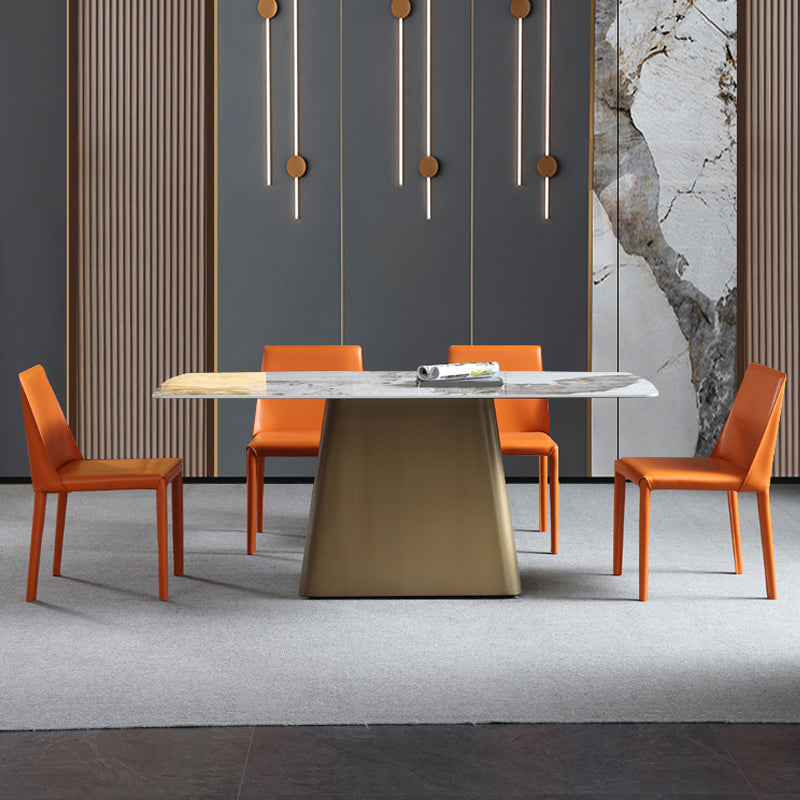 1/4/5/7 Pcs Metal Glam Style Dining Room Set with Rectangle Table Dining Set 5 Pieces: Table, 4 Orange Chairs Clearhalo 'Dining Room Sets' 'Dining Tables & Seating' 'dining_room_set' 'furn' 'furn_dining_room_set' 'Furniture' 'furniture_dining_room_set' 'Kitchen & Dining Furniture' 'kitchen&dining_furn' 'kitchen' 4502997