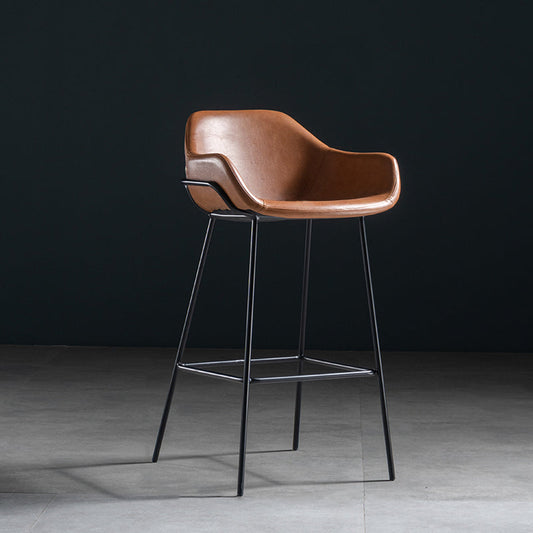 Industrial Iron Low Back Barstool Simple Indoor Tall Stool with Leather Seat Brown 1 Piece Counter Stool(26"H)