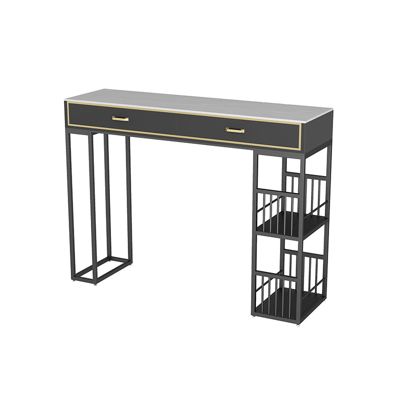 Marble Bar Height Table with Rectangle Table Top Double Pedestal Table - 41.3" H 39.4"L x 15.7"W x 41.3"H Black-Gray Without Chairs Clearhalo 'Bar Furniture' 'Bar Tables' 'bar_tables' 'furn' 'furn_bar_tables' 'Furniture' 'furniture_bar_tables' 'Kitchen & Dining Furniture' 4504386