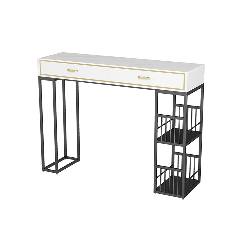 Marble Bar Height Table with Rectangle Table Top Double Pedestal Table - 41.3" H White-Black Without Chairs Clearhalo 'Bar Furniture' 'Bar Tables' 'bar_tables' 'furn' 'furn_bar_tables' 'Furniture' 'furniture_bar_tables' 'Kitchen & Dining Furniture' 4504387