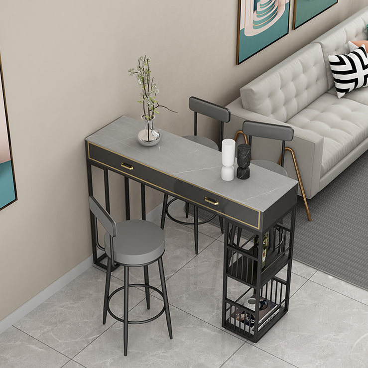 Marble Bar Height Table with Rectangle Table Top Double Pedestal Table - 41.3" H 47.2"L x 15.7"W x 41.3"H Black-Gray Without Chairs Clearhalo 'Bar Furniture' 'Bar Tables' 'bar_tables' 'furn' 'furn_bar_tables' 'Furniture' 'furniture_bar_tables' 'Kitchen & Dining Furniture' 4504389