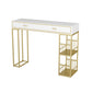 Marble Bar Height Table with Rectangle Table Top Double Pedestal Table - 41.3" H 39.4"L x 15.7"W x 41.3"H White-Gold Without Chairs Clearhalo 'Bar Furniture' 'Bar Tables' 'bar_tables' 'furn' 'furn_bar_tables' 'Furniture' 'furniture_bar_tables' 'Kitchen & Dining Furniture' 4504390