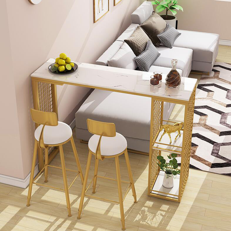 Marble Bar Stool Table with Rectangle Table Top Double Pedestal Table, Only Table 47.2"L x 15.7"W x 41.3"H White-Gold Faux Marble Clearhalo 'Bar Furniture' 'Bar Tables' 'bar_tables' 'furn' 'furn_bar_tables' 'Furniture' 'furniture_bar_tables' 'Kitchen & Dining Furniture' 4504484