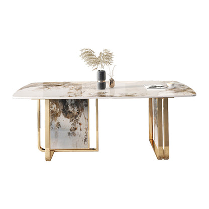 Luxury Sintered Stone Top Table Rectangle Indoor Table with Double Pedestal Base Pandora Gold Without Chairs Clearhalo ' dining_table' 'Dining Tables & Seating' 'Dining Tables' 'furn' 'furn_dining_table' 'Furniture' 'furniture_dining_table' 'Kitchen & Dining Furniture' 'kitchen&dining_furn' 'kitchen' 'kitchen_dining_table' 4510749