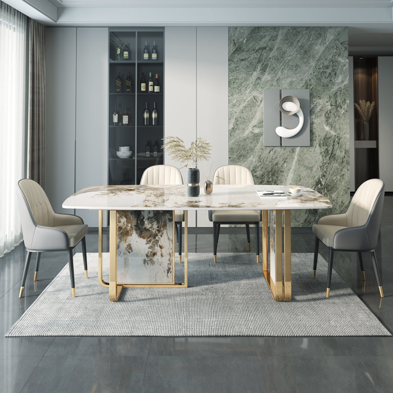 Luxury Sintered Stone Top Table Rectangle Dining Table with Double Pedestal Base Pandora Gold 51.2"L x 31.5"W x 29.5"H Without Chairs Clearhalo ' dining_table' 'Dining Tables & Seating' 'Dining Tables' 'furn' 'furn_dining_table' 'Furniture' 'furniture_dining_table' 'Kitchen & Dining Furniture' 'kitchen&dining_furn' 'kitchen' 'kitchen_dining_table' 4510775