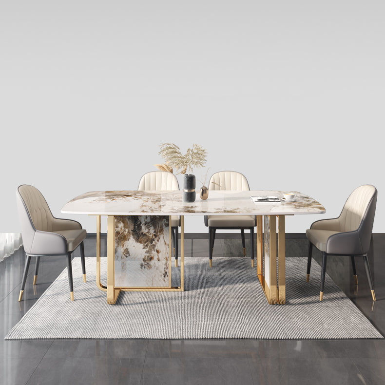 Luxury Sintered Stone Top Table Rectangle Dining Table with Double Pedestal Base Pandora Gold 63"L x 35.4"W x 29.5"H Without Chairs Clearhalo ' dining_table' 'Dining Tables & Seating' 'Dining Tables' 'furn' 'furn_dining_table' 'Furniture' 'furniture_dining_table' 'Kitchen & Dining Furniture' 'kitchen&dining_furn' 'kitchen' 'kitchen_dining_table' 4510777