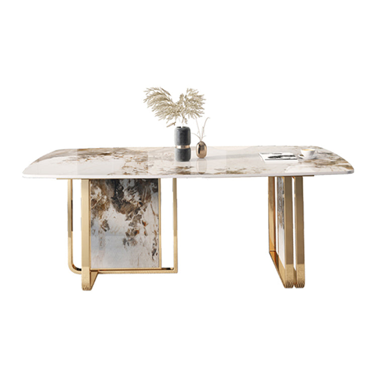 Luxury Sintered Stone Top Table Rectangle Dining Table with Double Pedestal Base Pandora Gold 70.9"L x 35.4"W x 29.5"H Without Chairs Clearhalo ' dining_table' 'Dining Tables & Seating' 'Dining Tables' 'furn' 'furn_dining_table' 'Furniture' 'furniture_dining_table' 'Kitchen & Dining Furniture' 'kitchen&dining_furn' 'kitchen' 'kitchen_dining_table' 4510778