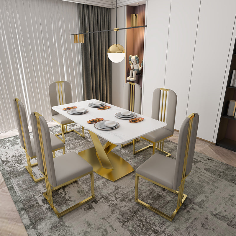 Sintered Stone Dining Table Traditional Luxury Pedestal Table with Gold Frame White 70.9"L x 35.4"W x 29.5"H Without Chairs Clearhalo ' dining_table' 'Dining Tables & Seating' 'Dining Tables' 'furn' 'furn_dining_table' 'Furniture' 'furniture_dining_table' 'Kitchen & Dining Furniture' 'kitchen&dining_furn' 'kitchen' 'kitchen_dining_table' 4510837