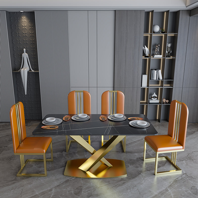 Sintered Stone Dining Table Traditional Luxury Pedestal Table with Gold Frame Black Gold Without Chairs Clearhalo ' dining_table' 'Dining Tables & Seating' 'Dining Tables' 'furn' 'furn_dining_table' 'Furniture' 'furniture_dining_table' 'Kitchen & Dining Furniture' 'kitchen&dining_furn' 'kitchen' 'kitchen_dining_table' 4510838