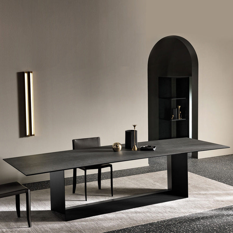 Stone Top Dining Table Rectangle Dining Table with Trestle Base Black 86.6"L x 39.4"W x 29.5"H Without Chairs Clearhalo ' dining_table' 'Dining Tables & Seating' 'Dining Tables' 'furn' 'furn_dining_table' 'Furniture' 'furniture_dining_table' 'Kitchen & Dining Furniture' 'kitchen&dining_furn' 'kitchen' 'kitchen_dining_table' 4510906